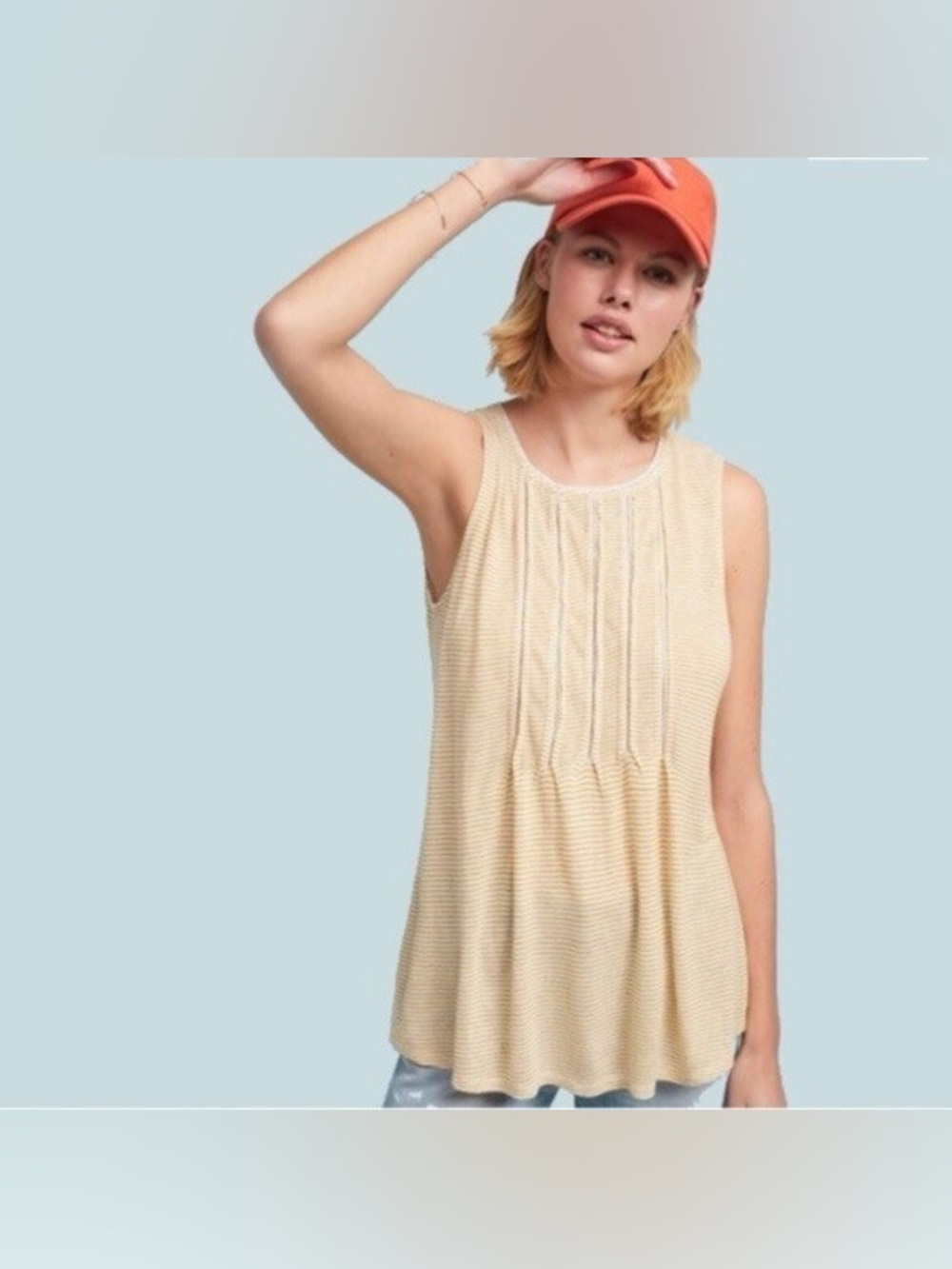 Anthropologie Sleeveless Yellow Stripe Pleated Linen Blend Tank Top| size S